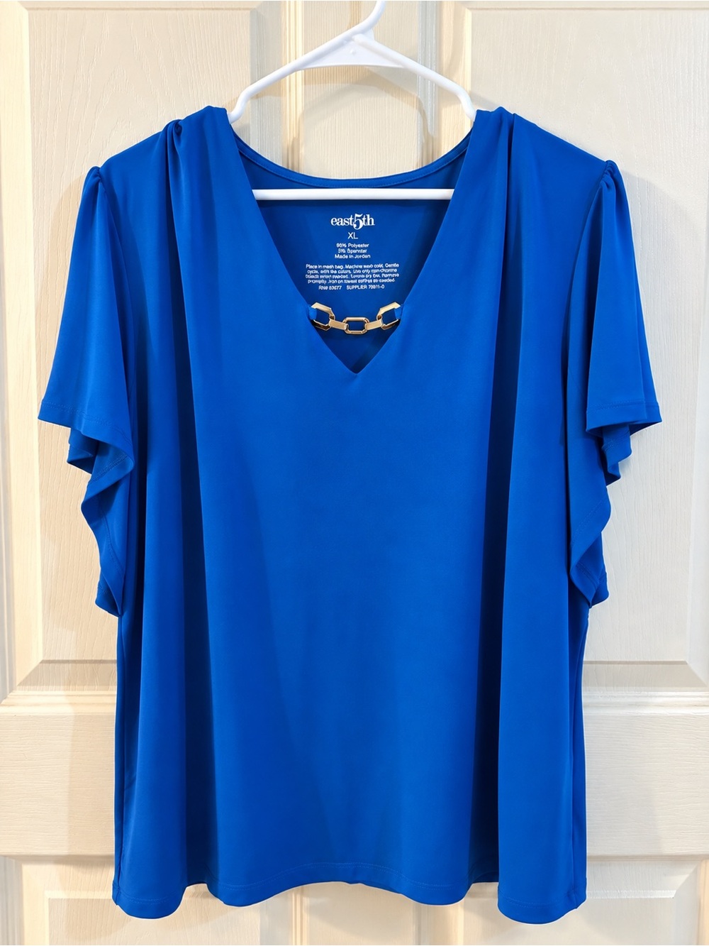 East 5th Bright Royal Blue V-Neck Top with Gold Chain Accent